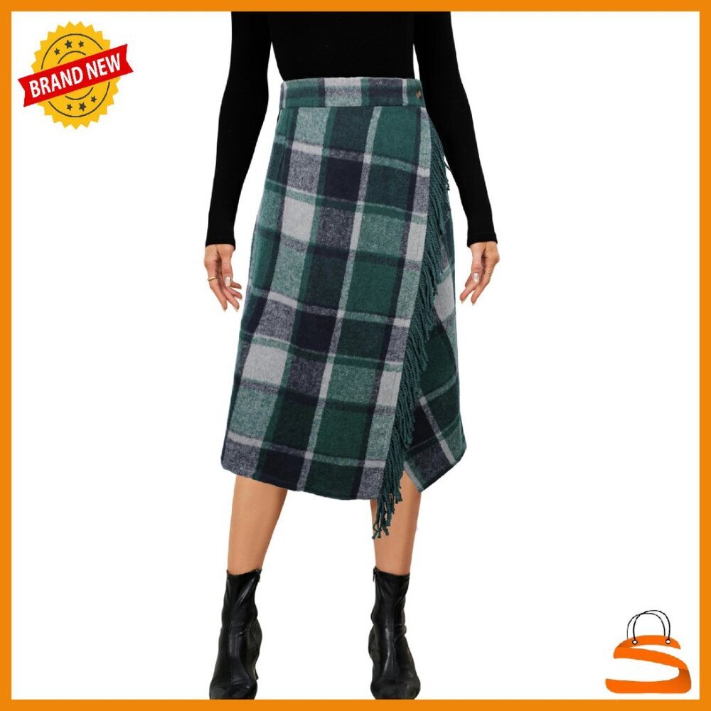 Wool Blend Midi Wrap Skirt with Fringe Trim, Side Slit, Button Closure